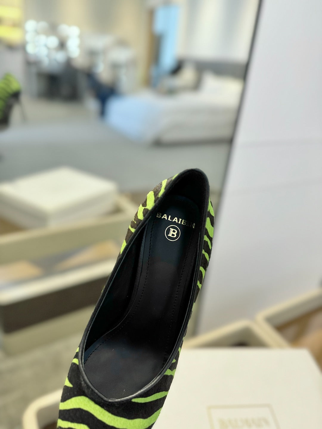 BALMAIN 25S HIGH HEELS 95MM IN GREEN AND BLACK ZEBRA PRINT CALFSKIN - 36