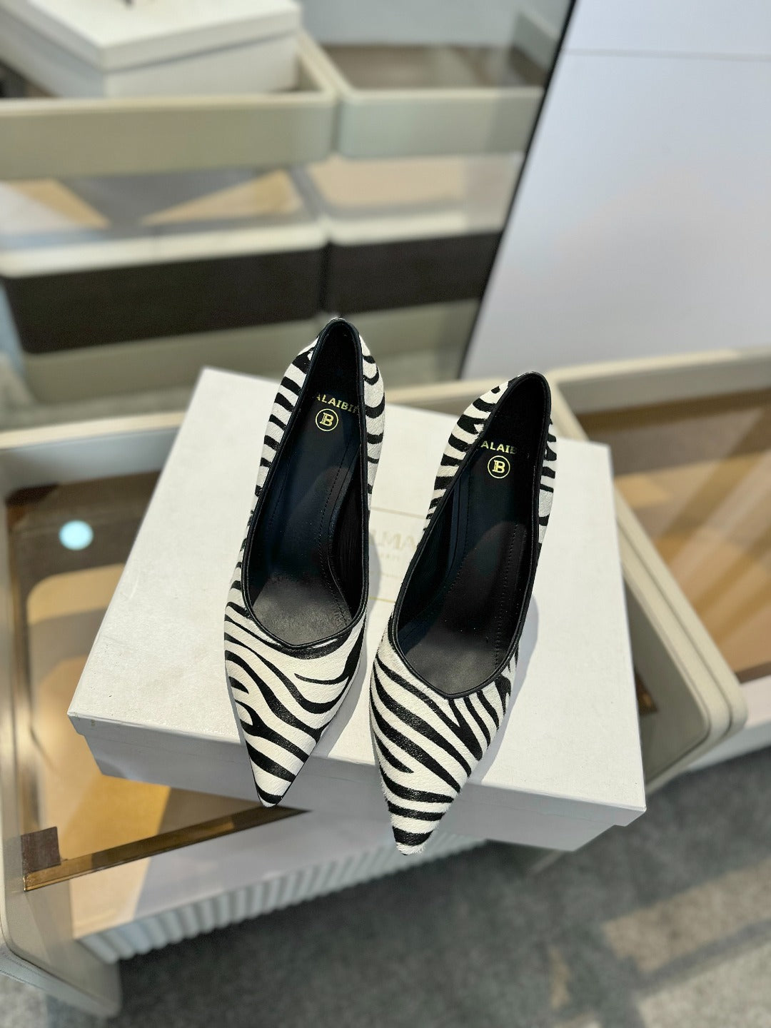 BALMAIN 25S HIGH HEELS 95MM IN WHITE AND BLACK ZEBRA PRINT CALFSKIN - 36