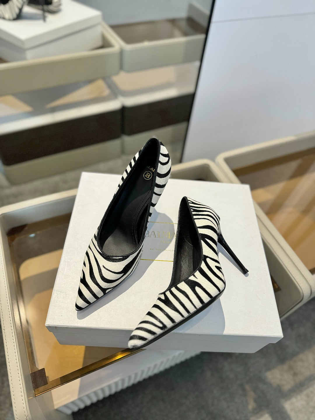 BALMAIN 25S HIGH HEELS 95MM IN WHITE AND BLACK ZEBRA PRINT CALFSKIN - 36