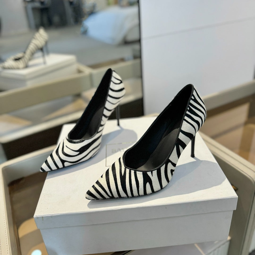 BALMAIN 25S HIGH HEELS 95MM IN WHITE AND BLACK ZEBRA PRINT CALFSKIN - 36
