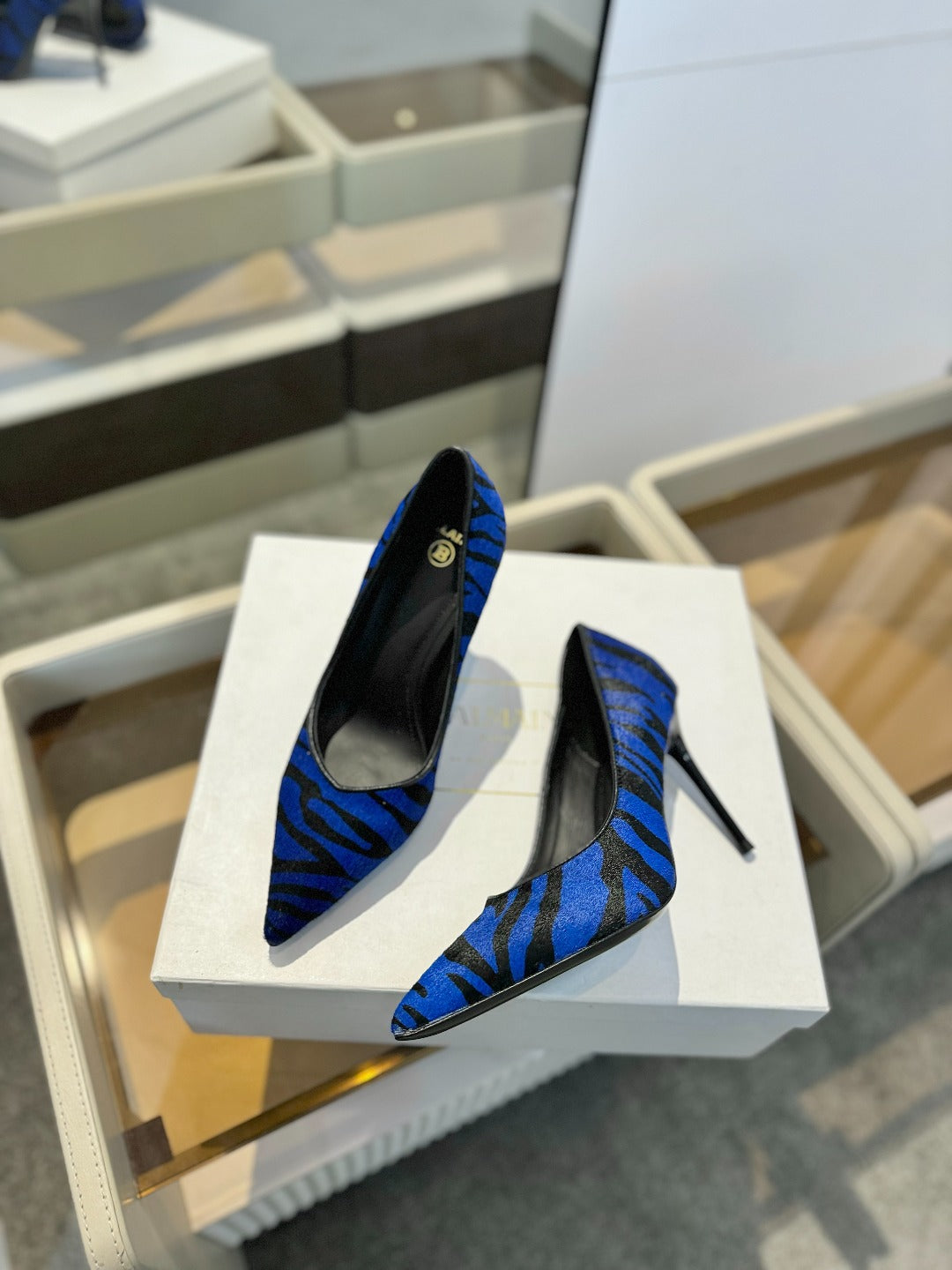 BALMAIN 25S HIGH HEELS 95MM IN BLUE AND BLACK ZEBRA PRINT CALFSKIN - 36