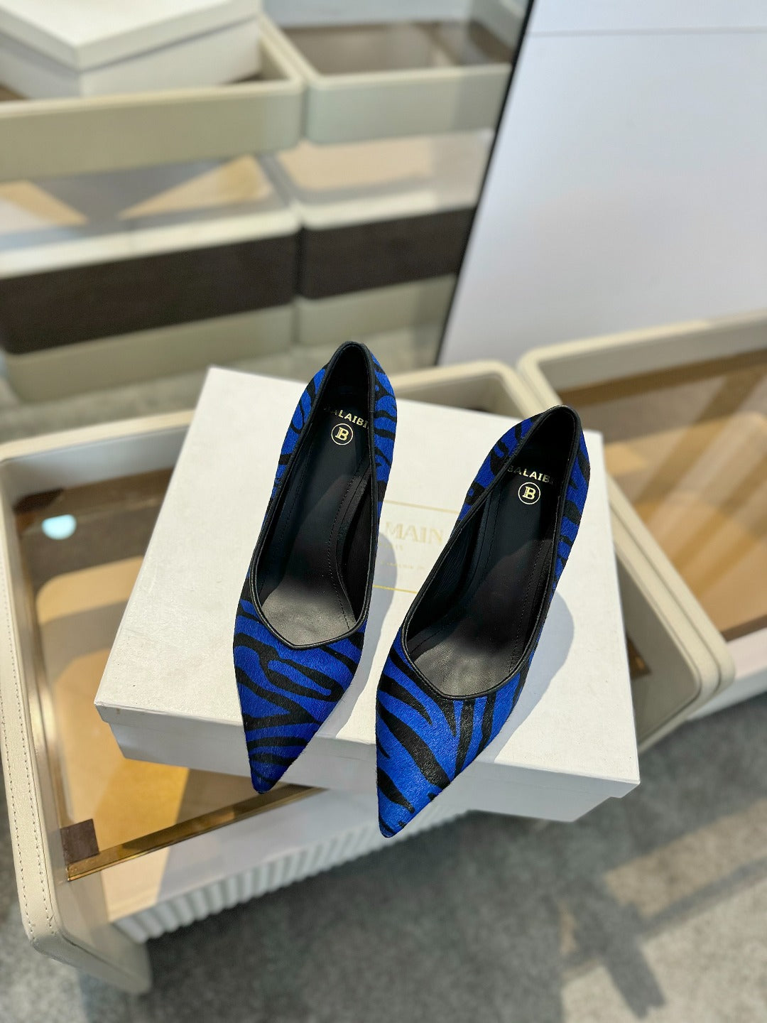 BALMAIN 25S HIGH HEELS 95MM IN BLUE AND BLACK ZEBRA PRINT CALFSKIN - 36