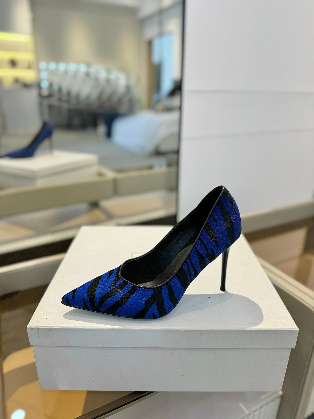 BALMAIN 25S HIGH HEELS 95MM IN BLUE AND BLACK ZEBRA PRINT CALFSKIN - 36