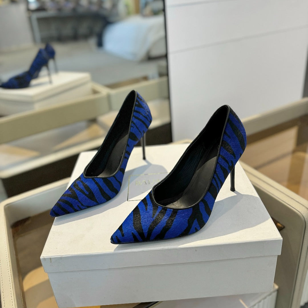 BALMAIN 25S HIGH HEELS 95MM IN BLUE AND BLACK ZEBRA PRINT CALFSKIN - 36