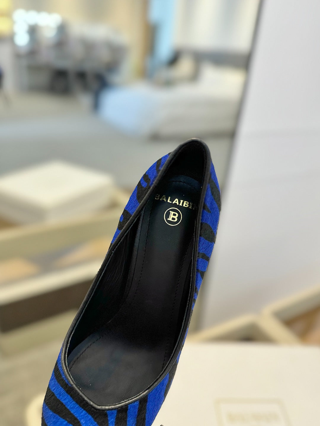 BALMAIN 25S HIGH HEELS 95MM IN BLUE AND BLACK ZEBRA PRINT CALFSKIN - 36