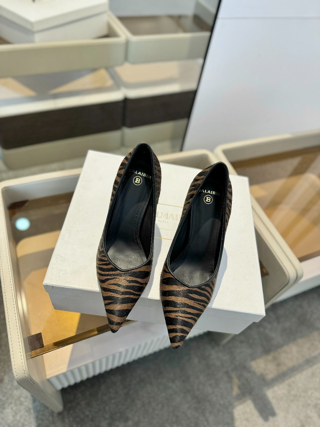 BALMAIN 25S HIGH HEELS 95MM IN BROWN AND BLACK ZEBRA PRINT CALFSKIN - 36