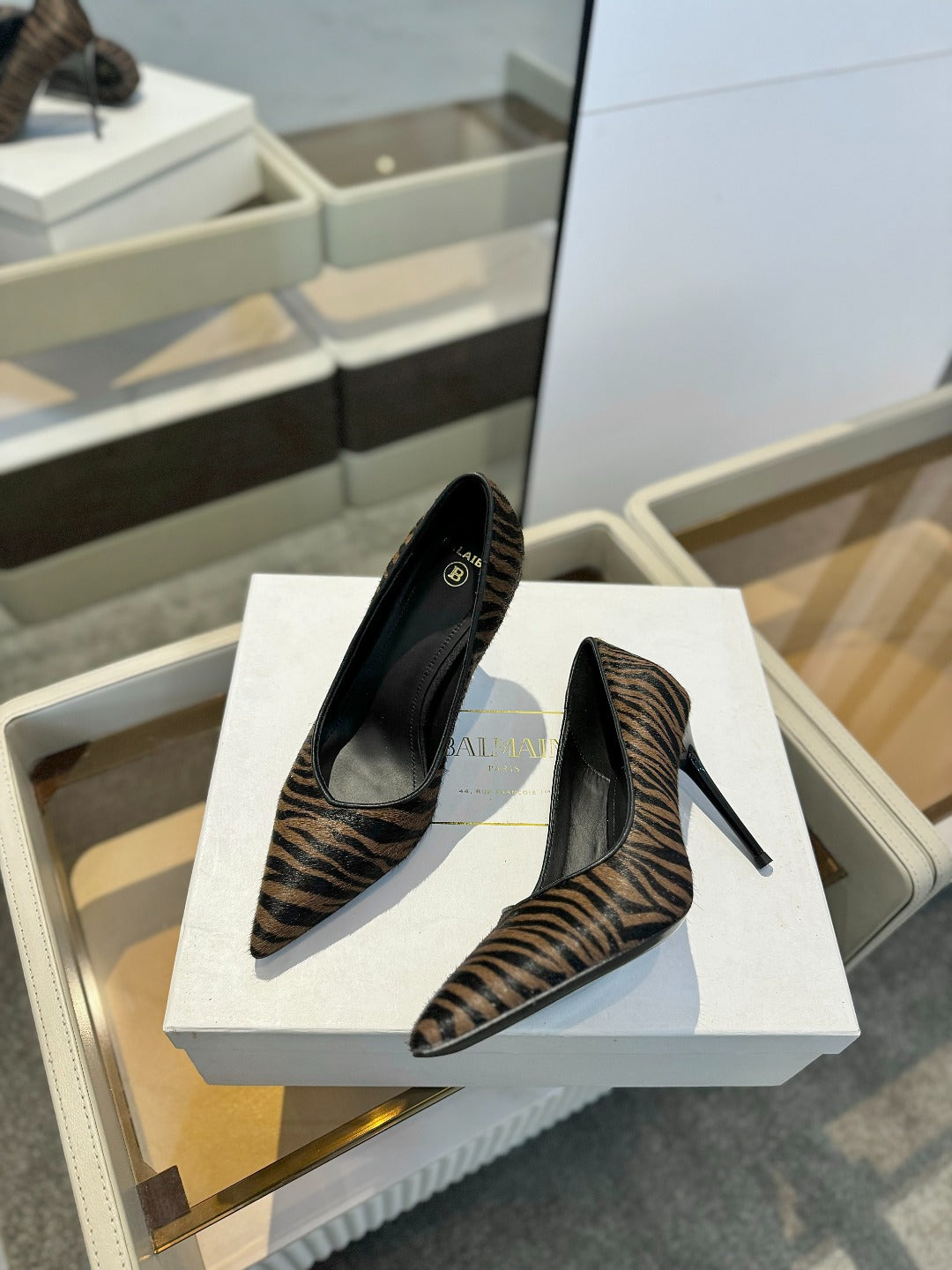 BALMAIN 25S HIGH HEELS 95MM IN BROWN AND BLACK ZEBRA PRINT CALFSKIN - 36
