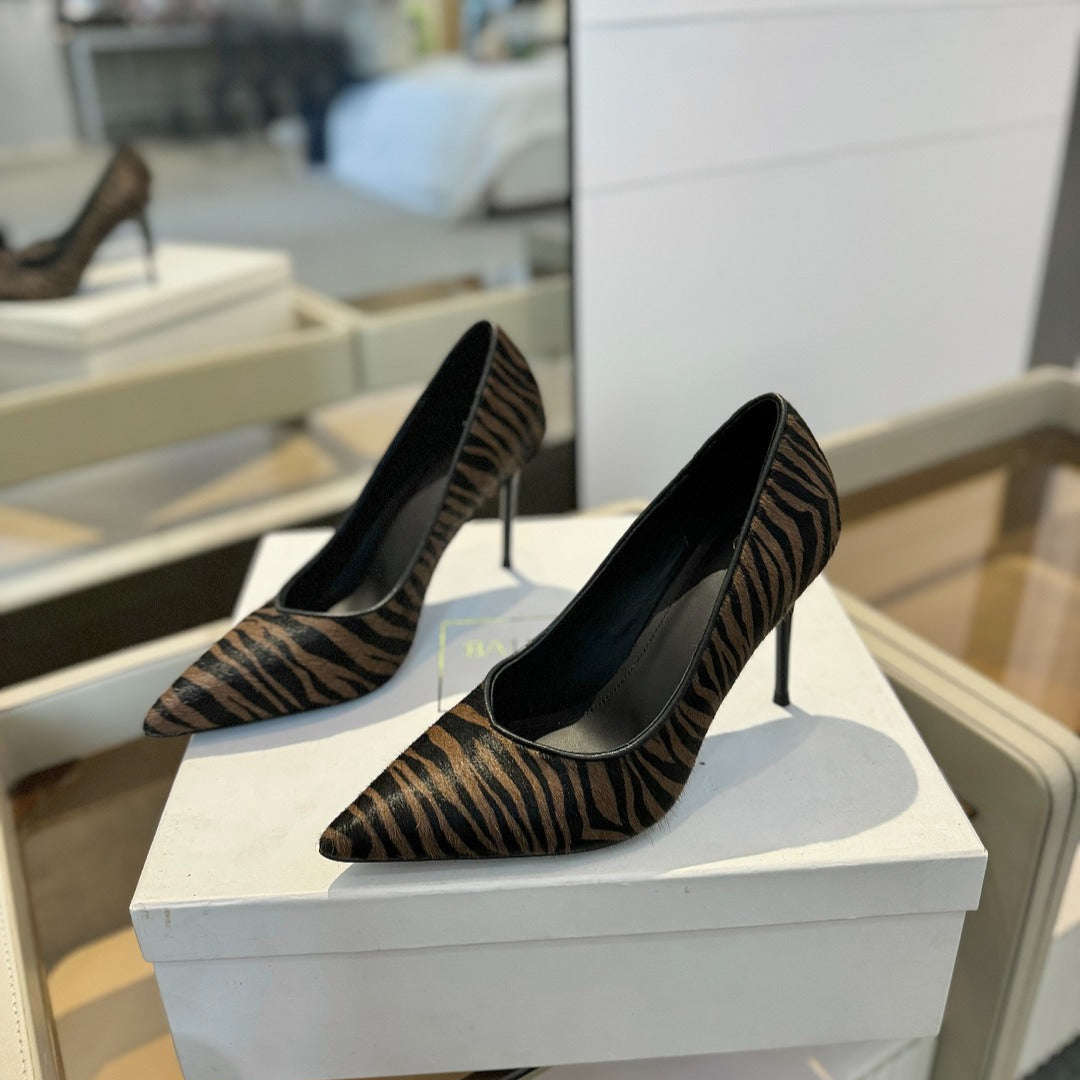 BALMAIN 25S HIGH HEELS 95MM IN BROWN AND BLACK ZEBRA PRINT CALFSKIN - 36