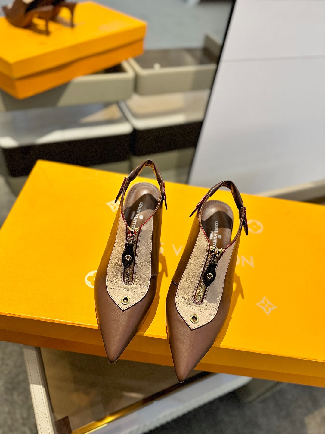 ALLURE HIGH 8 CM SLINGBACK IN CHOCOLATE MIX SAND BROWN CALFSKIN - 34