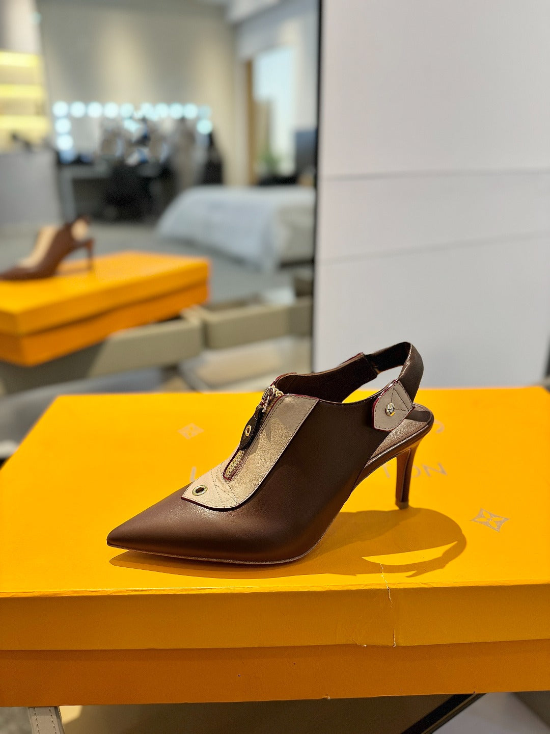 ALLURE HIGH 8 CM SLINGBACK IN CHOCOLATE MIX SAND BROWN CALFSKIN - 34