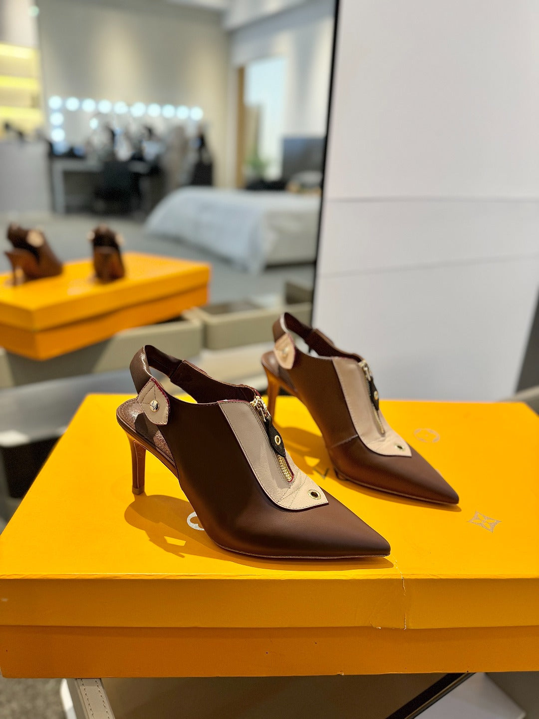 ALLURE HIGH 8 CM SLINGBACK IN CHOCOLATE MIX SAND BROWN CALFSKIN - 34