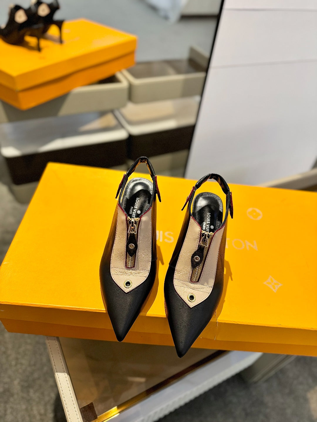 ALLURE HIGH 8 CM SLINGBACK IN BLACK MIX SAND BROWN CALFSKIN - 34