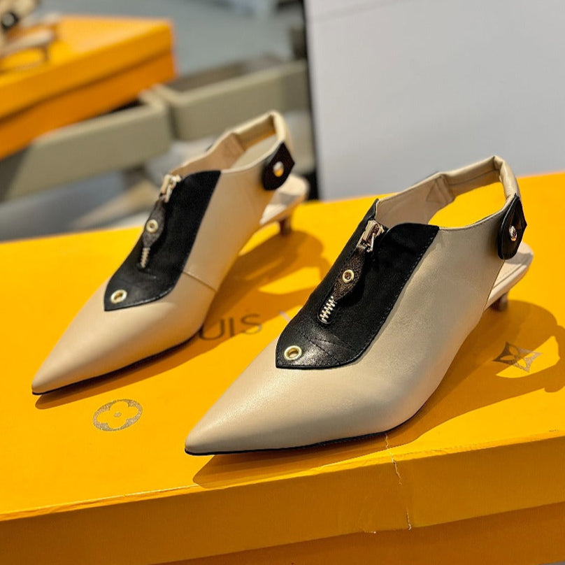 ALLURE HIGH 4.5 CM SLINGBACK IN SAND BROWN MIX BLACK CALFSKIN - 34