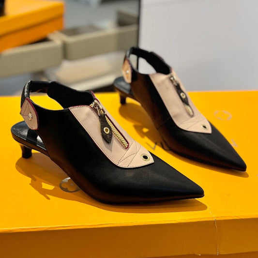 ALLURE HIGH 4.5 CM SLINGBACK IN BLACK MIX SAND BROWN CALFSKIN - 34