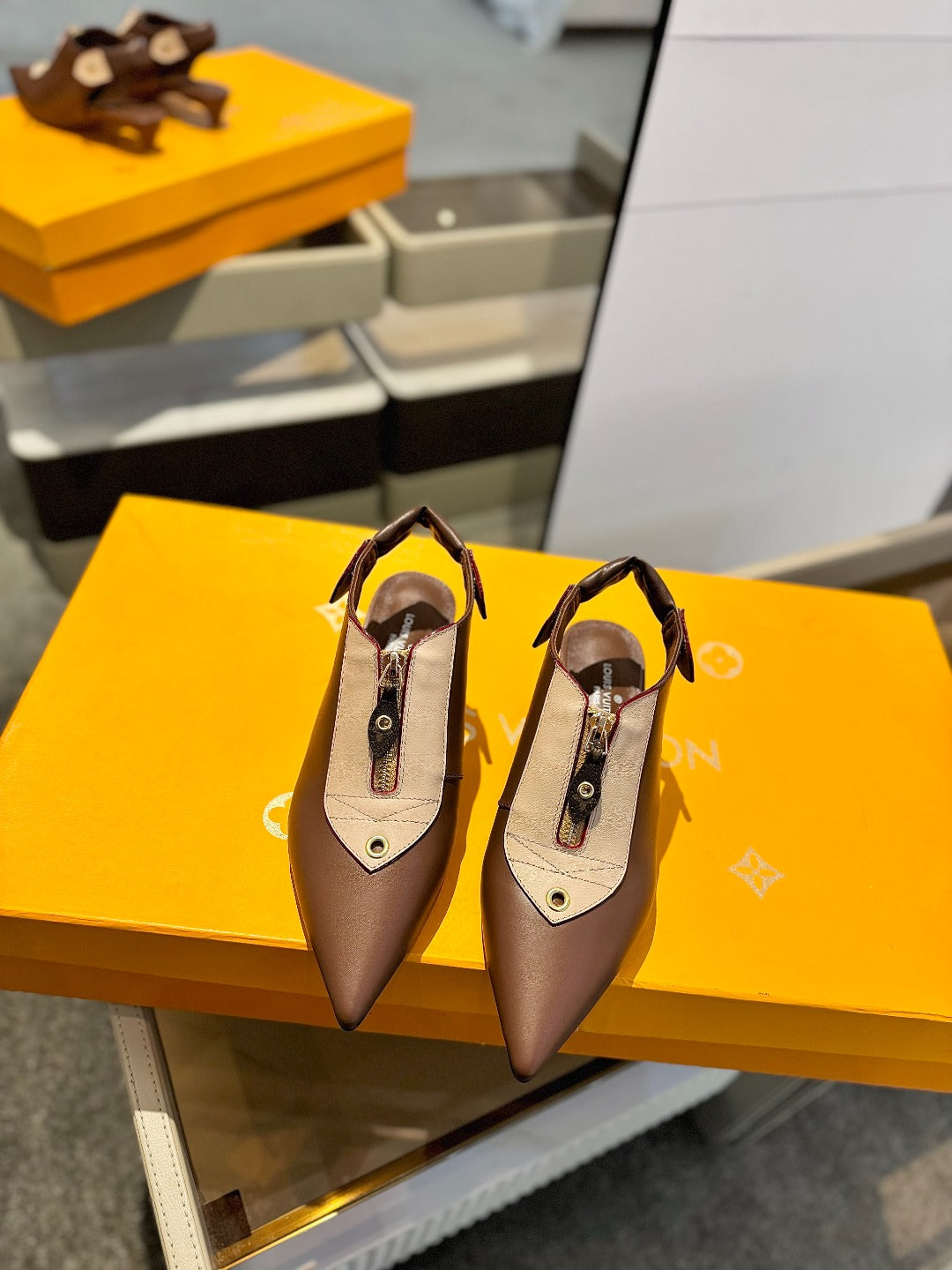 ALLURE HIGH 4.5 CM SLINGBACK IN CHOCOLATE MIX SAND BROWN CALFSKIN - 34