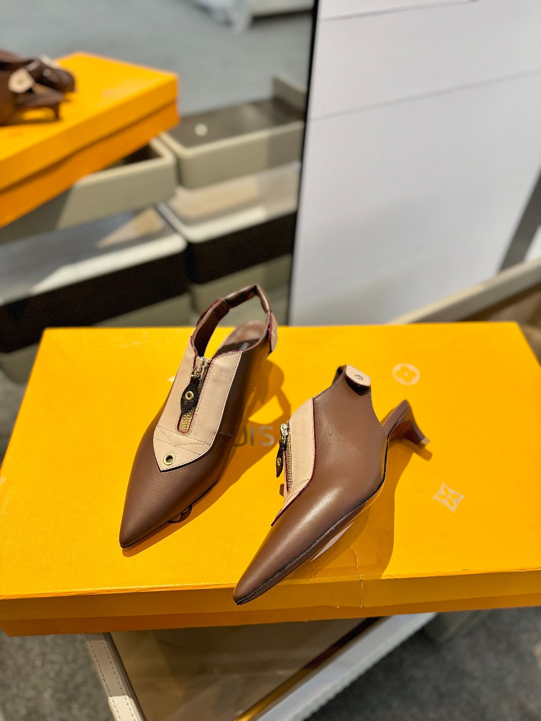 ALLURE HIGH 4.5 CM SLINGBACK IN CHOCOLATE MIX SAND BROWN CALFSKIN - 34