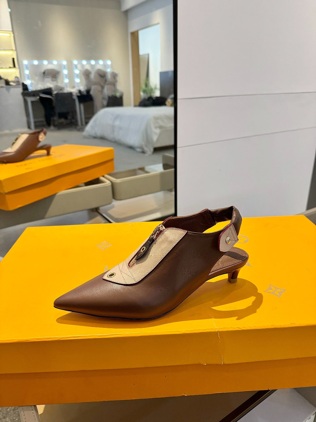 ALLURE HIGH 4.5 CM SLINGBACK IN CHOCOLATE MIX SAND BROWN CALFSKIN - 34