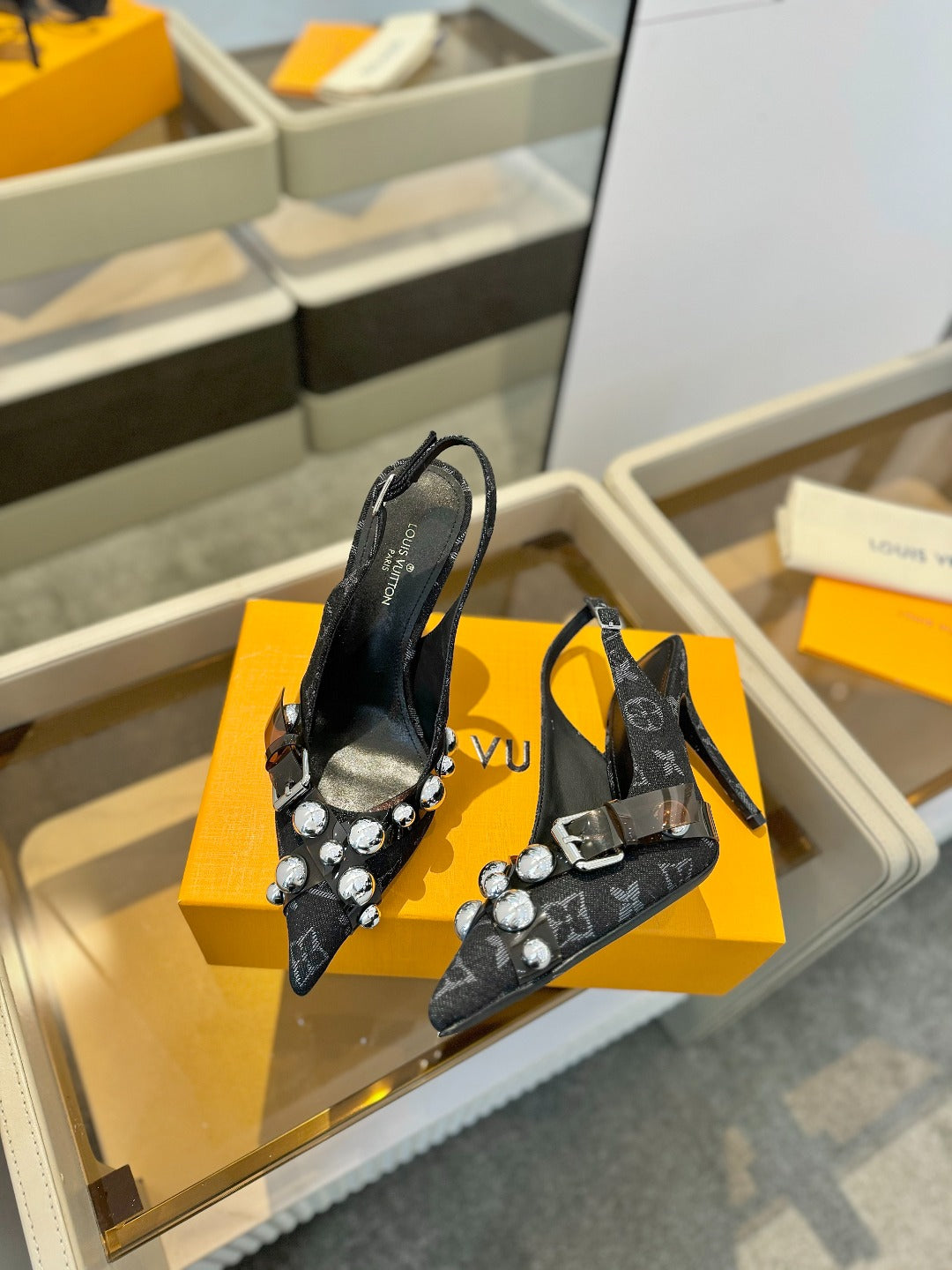 HIGH HEELS 95 MM IN BLACK MONOGRAM DENIM WITH CRYSTALS - 34