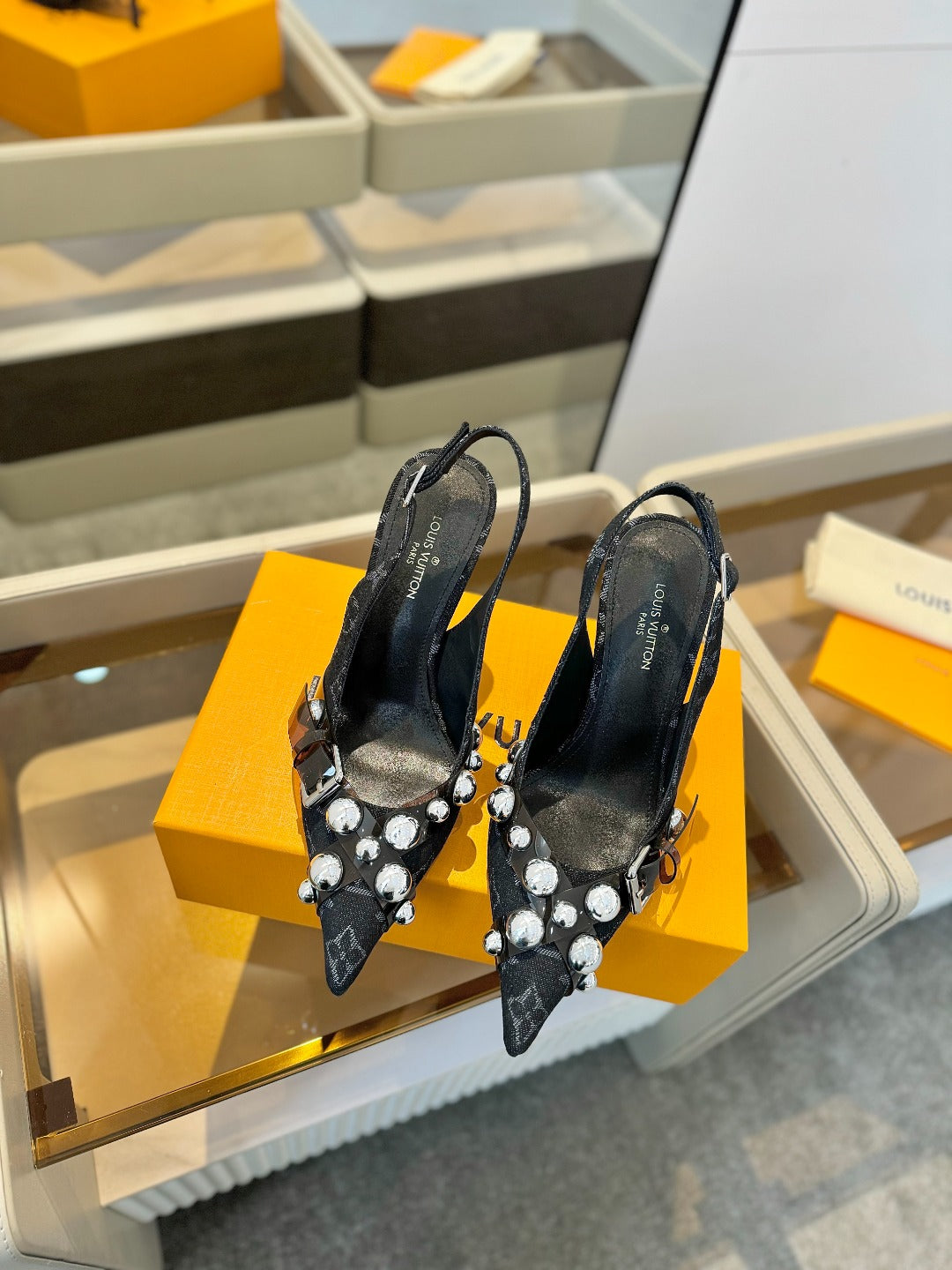 HIGH HEELS 95 MM IN BLACK MONOGRAM DENIM WITH CRYSTALS - 34
