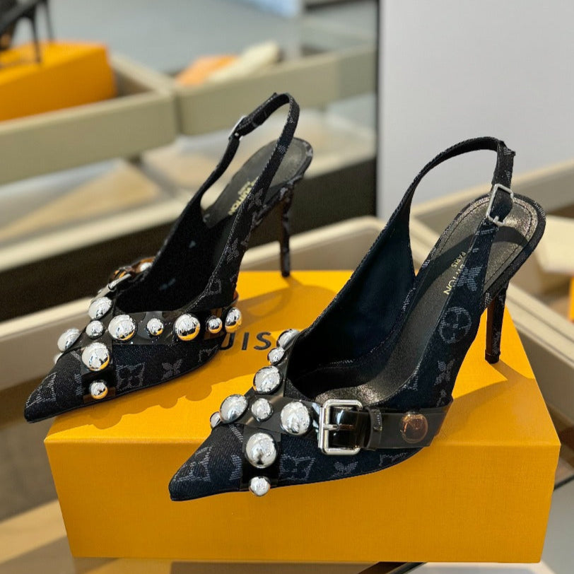 HIGH HEELS 95 MM IN BLACK MONOGRAM DENIM WITH CRYSTALS - 34