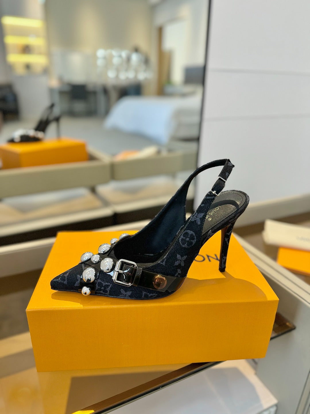 HIGH HEELS 95 MM IN BLACK MONOGRAM DENIM WITH CRYSTALS - 34