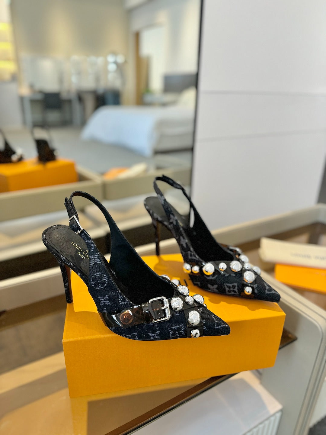 HIGH HEELS 95 MM IN BLACK MONOGRAM DENIM WITH CRYSTALS - 34