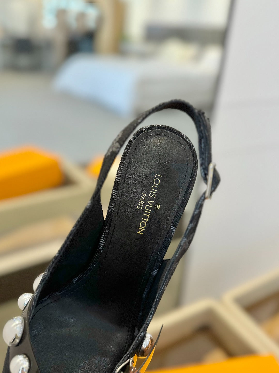 HIGH HEELS 95 MM IN BLACK MONOGRAM DENIM WITH CRYSTALS - 34