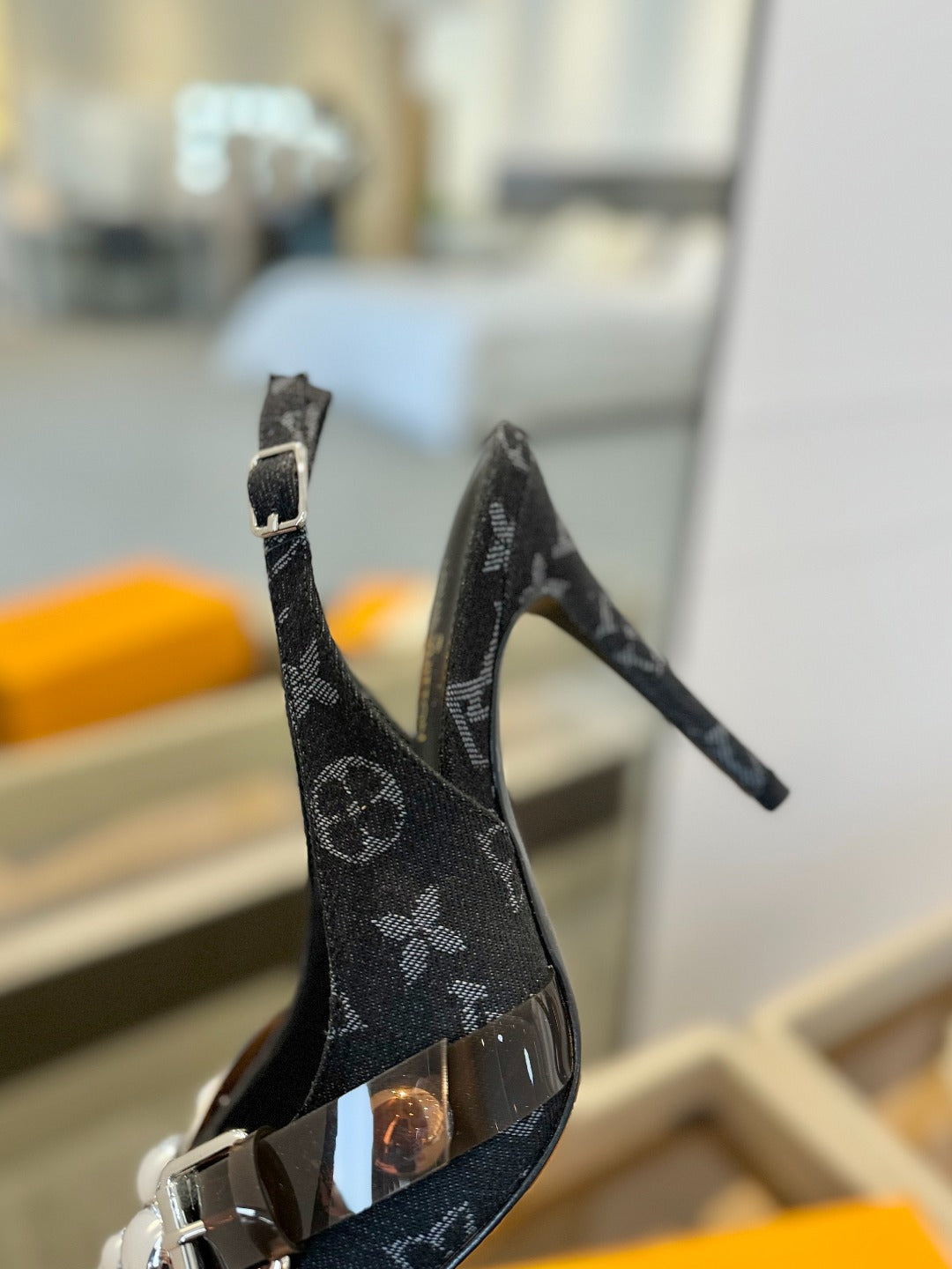 HIGH HEELS 95 MM IN BLACK MONOGRAM DENIM WITH CRYSTALS - 34