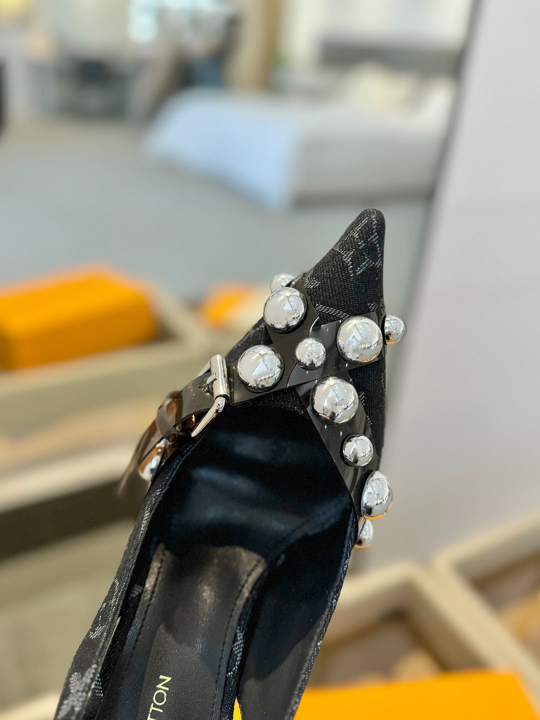 HIGH HEELS 95 MM IN BLACK MONOGRAM DENIM WITH CRYSTALS - 34