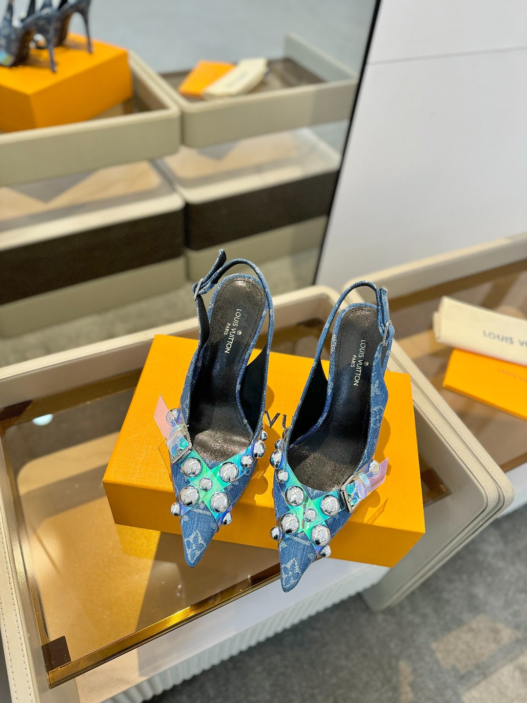 HIGH HEELS 95 MM IN CLASSIC BLUE MONOGRAM DENIM WITH CRYSTALS - 34