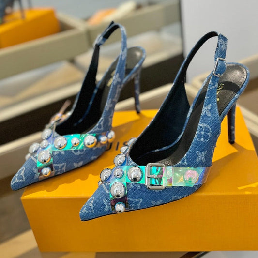 HIGH HEELS 95 MM IN CLASSIC BLUE MONOGRAM DENIM WITH CRYSTALS - 34