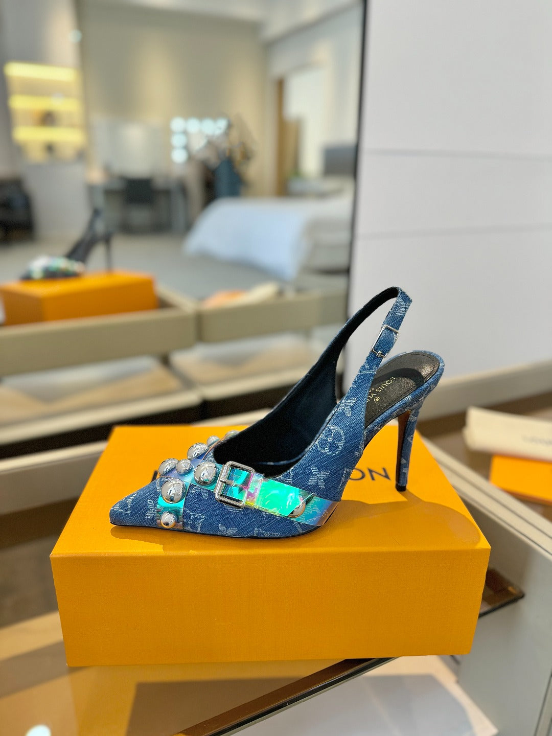 HIGH HEELS 95 MM IN CLASSIC BLUE MONOGRAM DENIM WITH CRYSTALS - 34