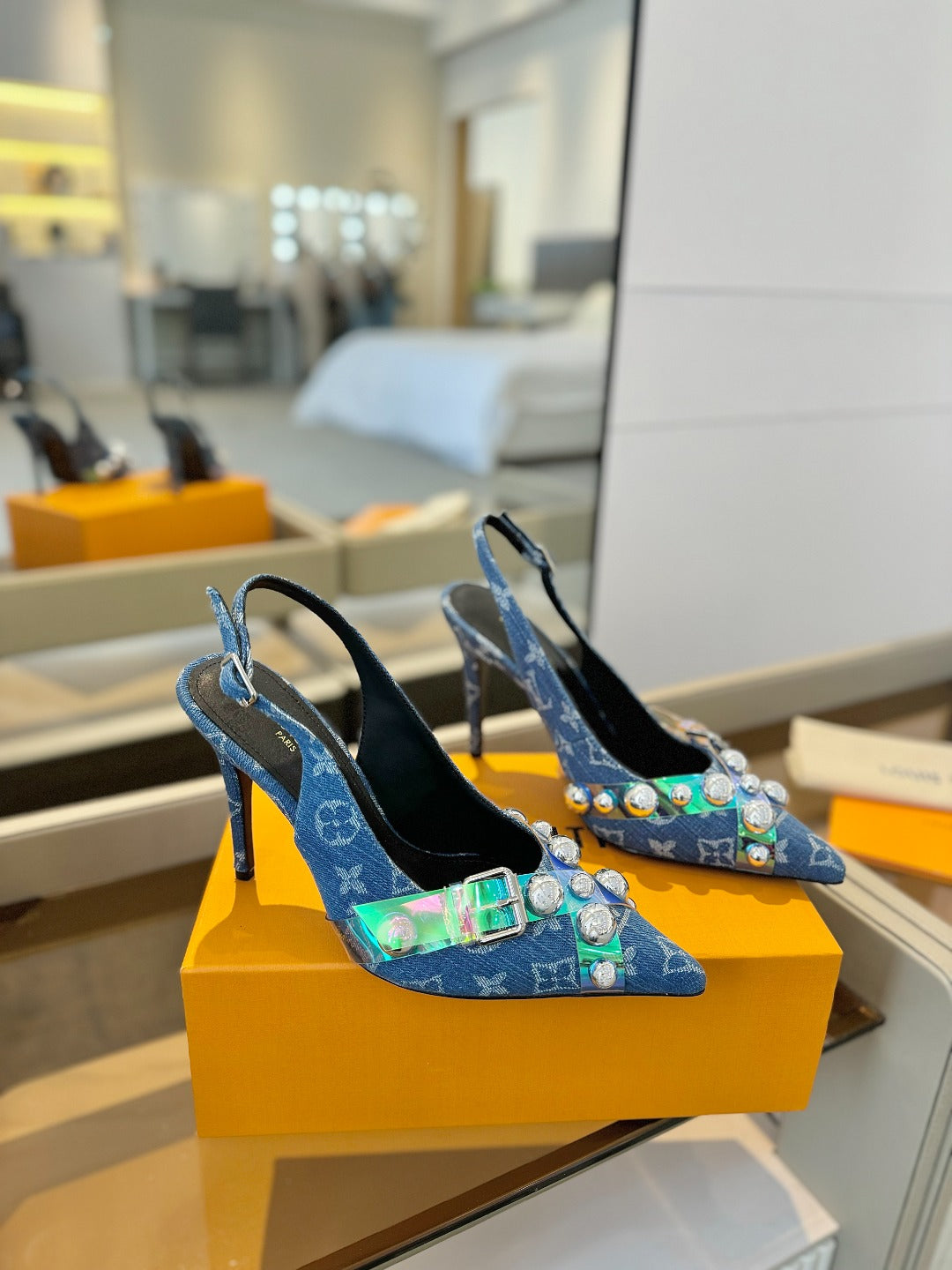HIGH HEELS 95 MM IN CLASSIC BLUE MONOGRAM DENIM WITH CRYSTALS - 34