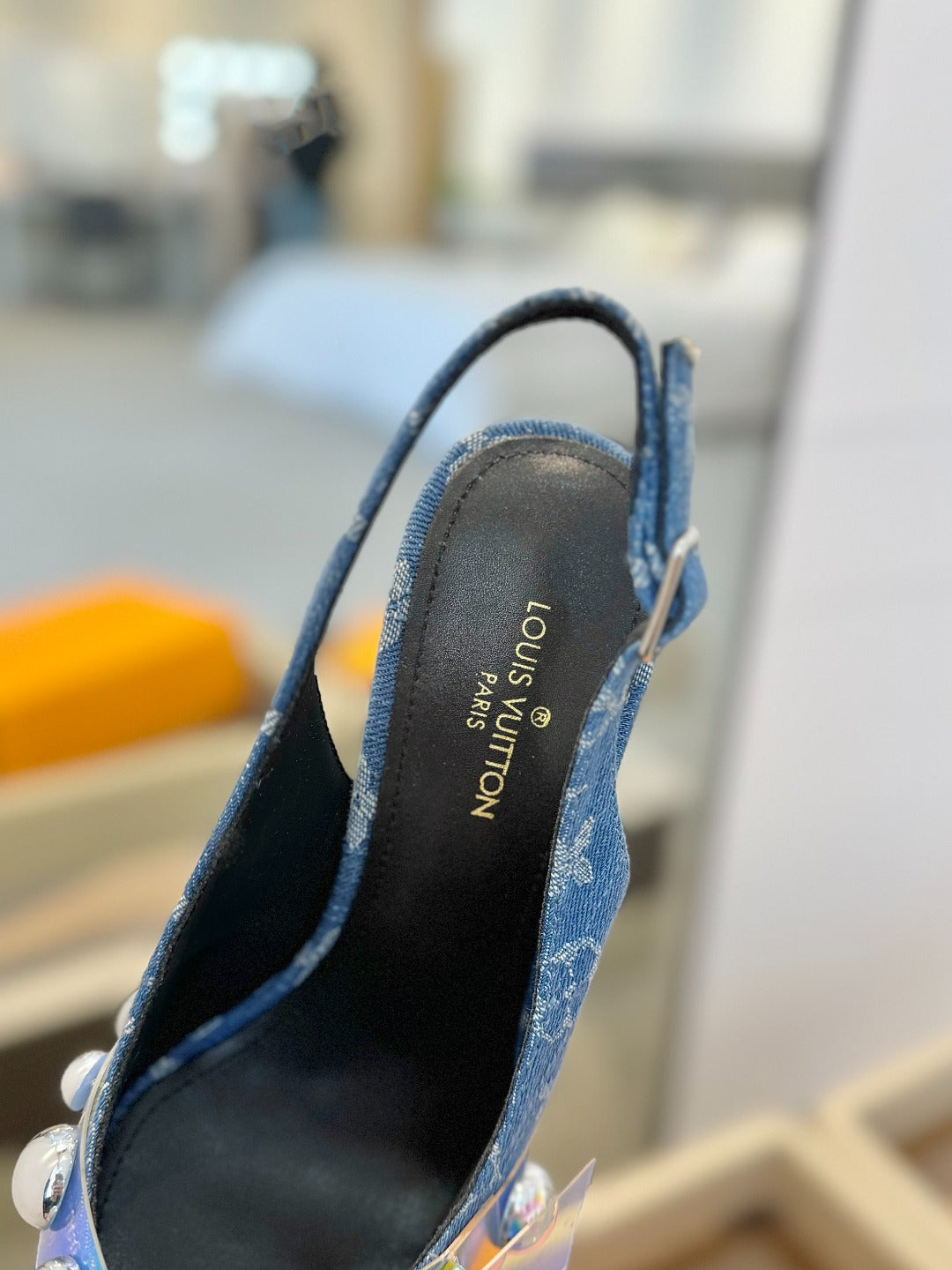 HIGH HEELS 95 MM IN CLASSIC BLUE MONOGRAM DENIM WITH CRYSTALS - 34
