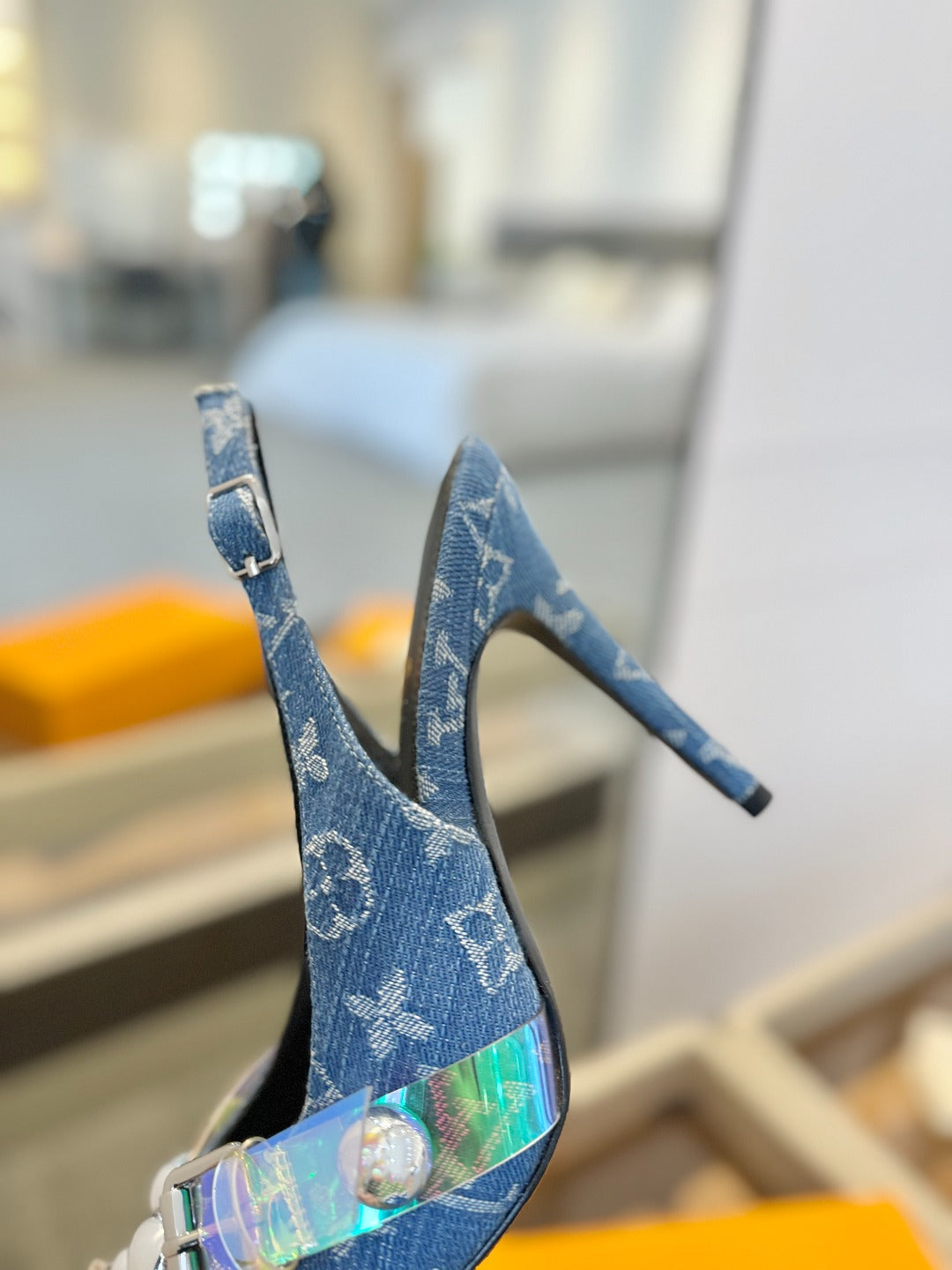 HIGH HEELS 95 MM IN CLASSIC BLUE MONOGRAM DENIM WITH CRYSTALS - 34