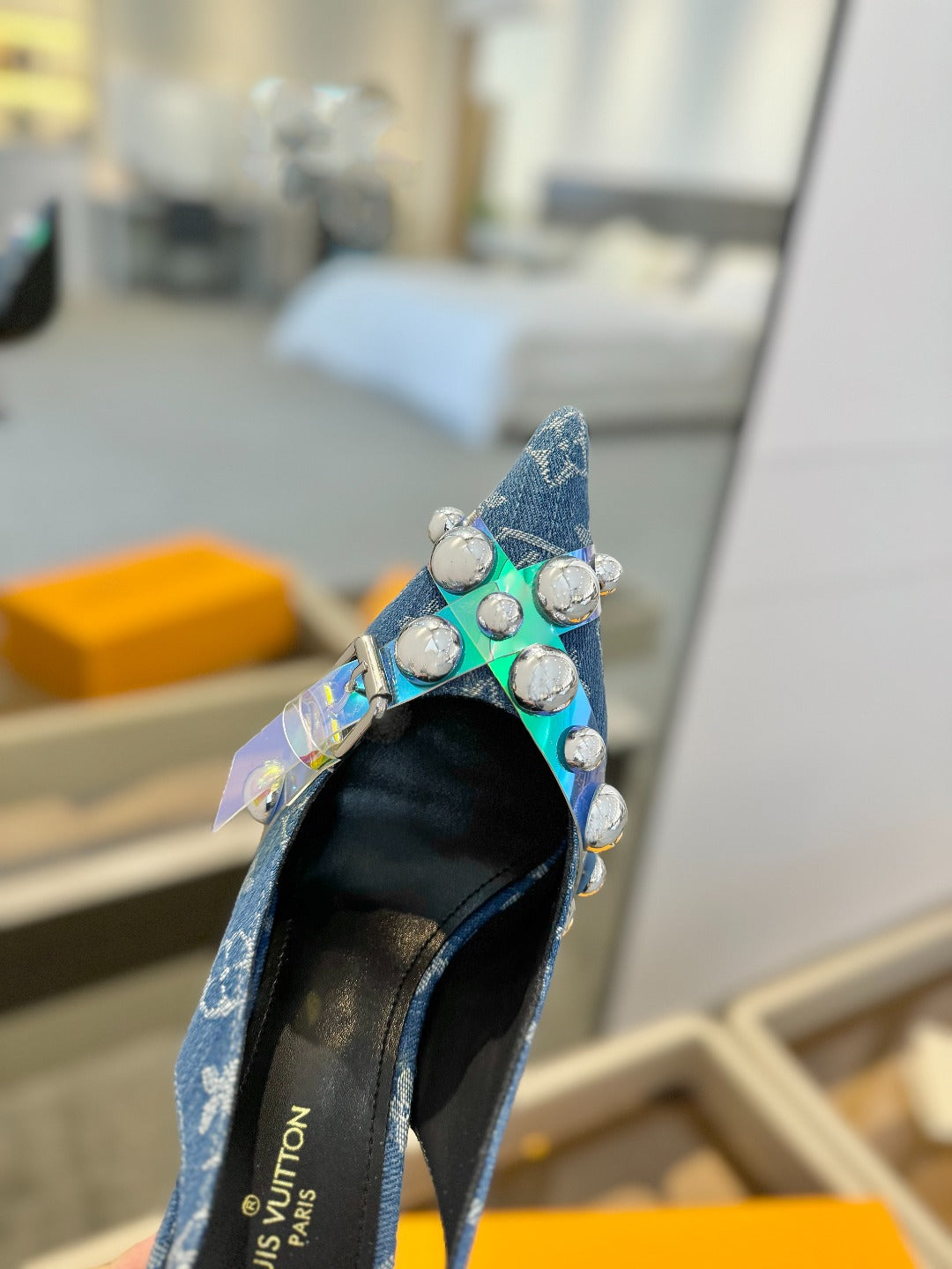 HIGH HEELS 95 MM IN CLASSIC BLUE MONOGRAM DENIM WITH CRYSTALS - 34
