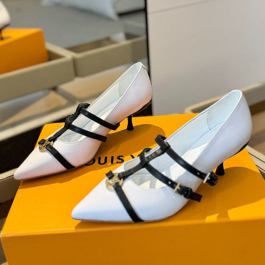 HIGH PUMP 5 CM TRIPLE-STRAP IN WHITE CALFSKIN WITH BLACK STRAP - 34
