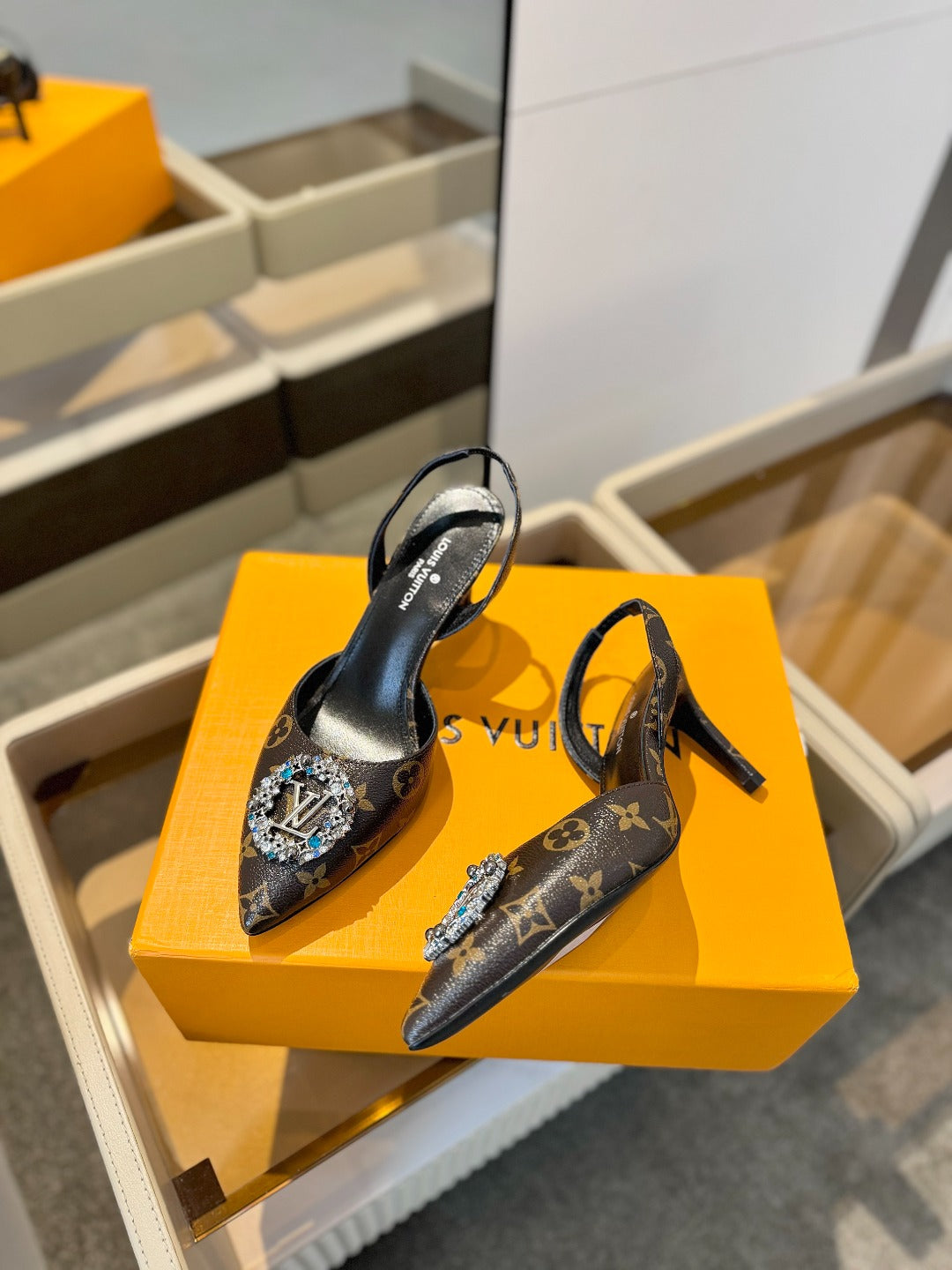 HIGH HEEL 75 MM SLINGBACK IN CHOCOLATE BROWN MONOGRAM CALFSKIN WITH CRYSTAL - 34