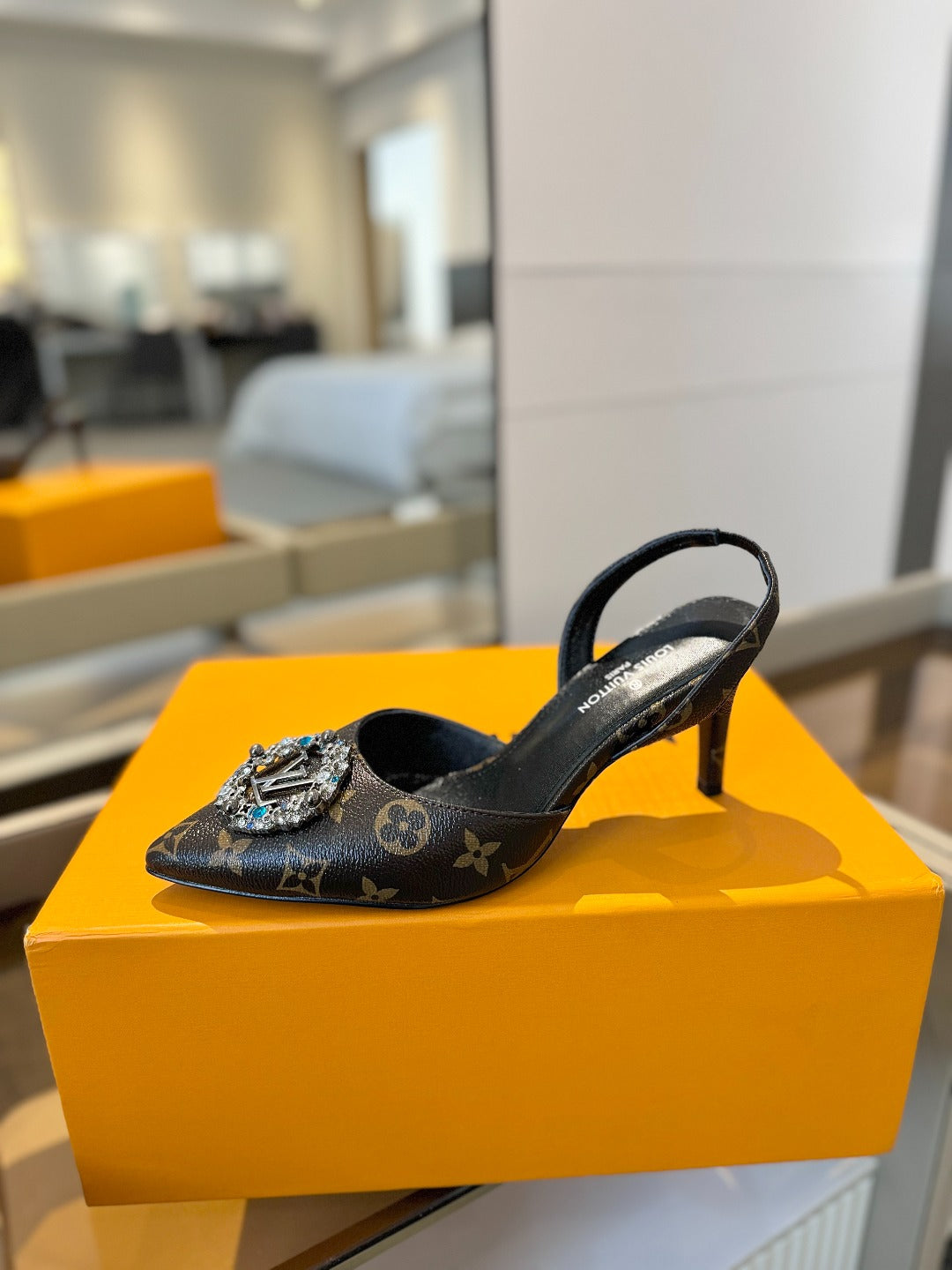 HIGH HEEL 75 MM SLINGBACK IN CHOCOLATE BROWN MONOGRAM CALFSKIN WITH CRYSTAL - 34
