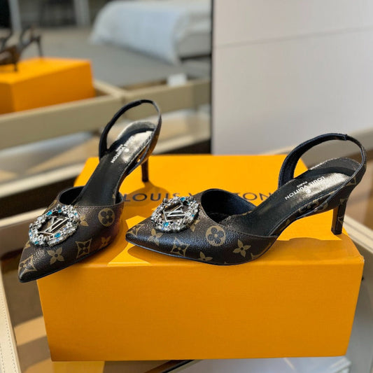 HIGH HEEL 75 MM SLINGBACK IN CHOCOLATE BROWN MONOGRAM CALFSKIN WITH CRYSTAL - 34