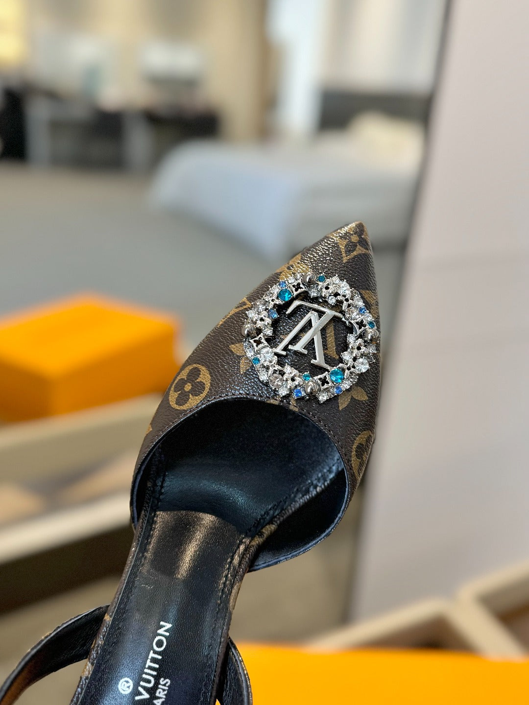 HIGH HEEL 75 MM SLINGBACK IN CHOCOLATE BROWN MONOGRAM CALFSKIN WITH CRYSTAL - 34