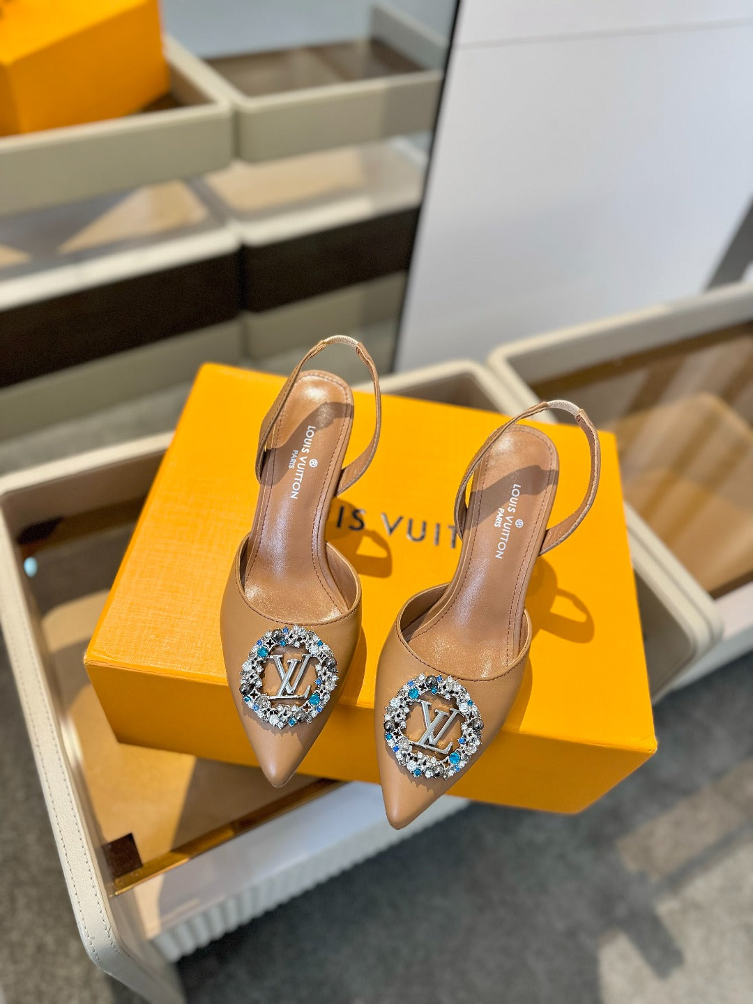 HIGH HEEL 75 MM SLINGBACK IN BRONZE BROWN CALFSKIN WITH CRYSTAL - 34