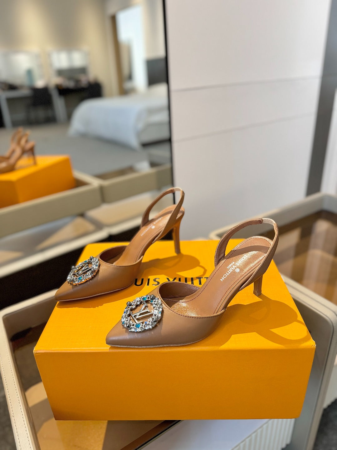 HIGH HEEL 75 MM SLINGBACK IN BRONZE BROWN CALFSKIN WITH CRYSTAL - 34