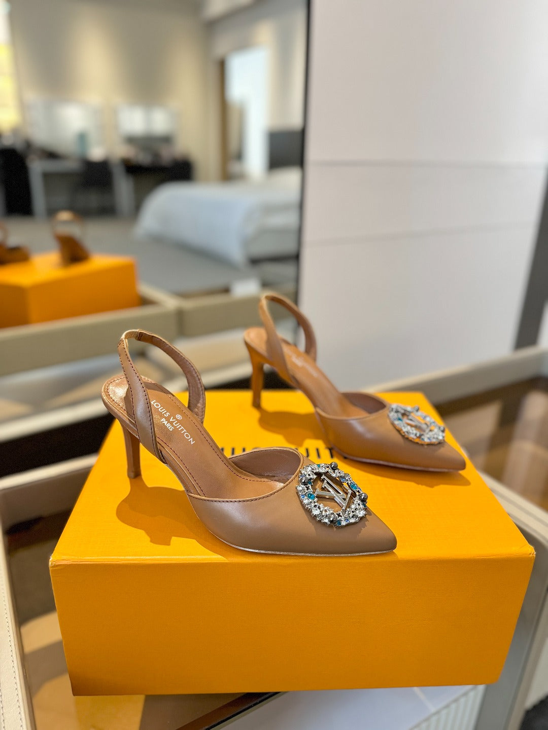 HIGH HEEL 75 MM SLINGBACK IN BRONZE BROWN CALFSKIN WITH CRYSTAL - 34
