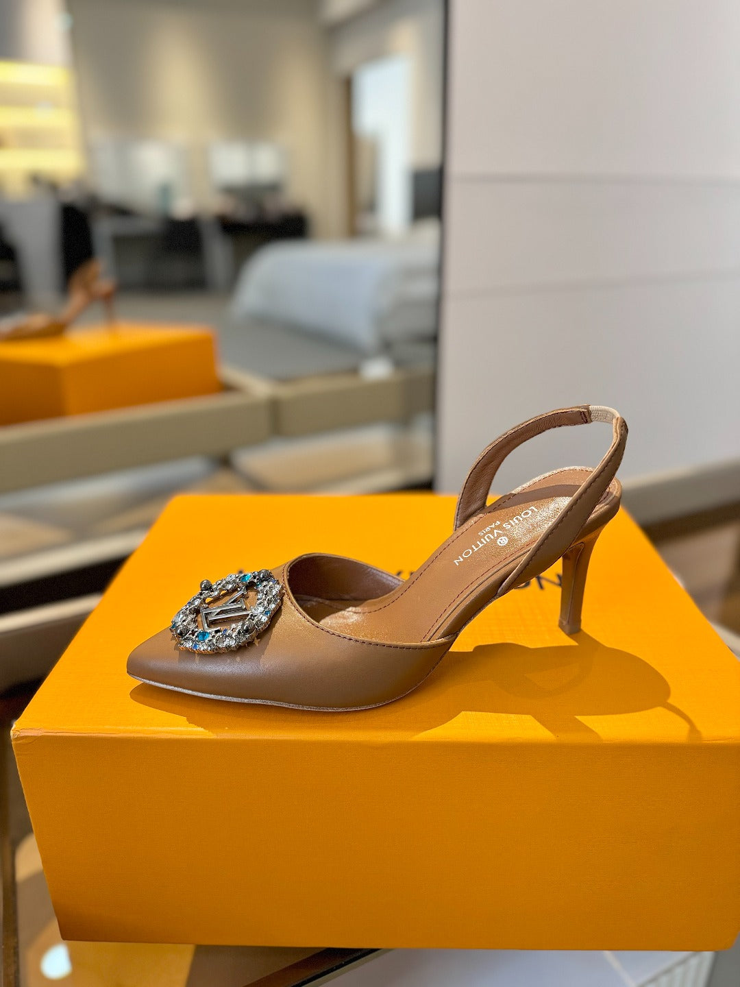 HIGH HEEL 75 MM SLINGBACK IN BRONZE BROWN CALFSKIN WITH CRYSTAL - 34