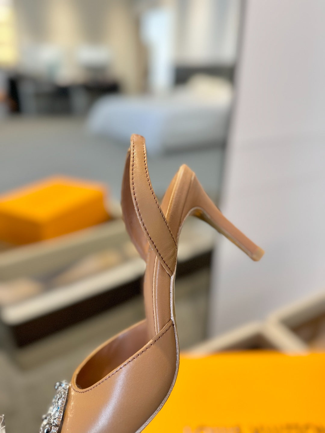 HIGH HEEL 75 MM SLINGBACK IN BRONZE BROWN CALFSKIN WITH CRYSTAL - 34