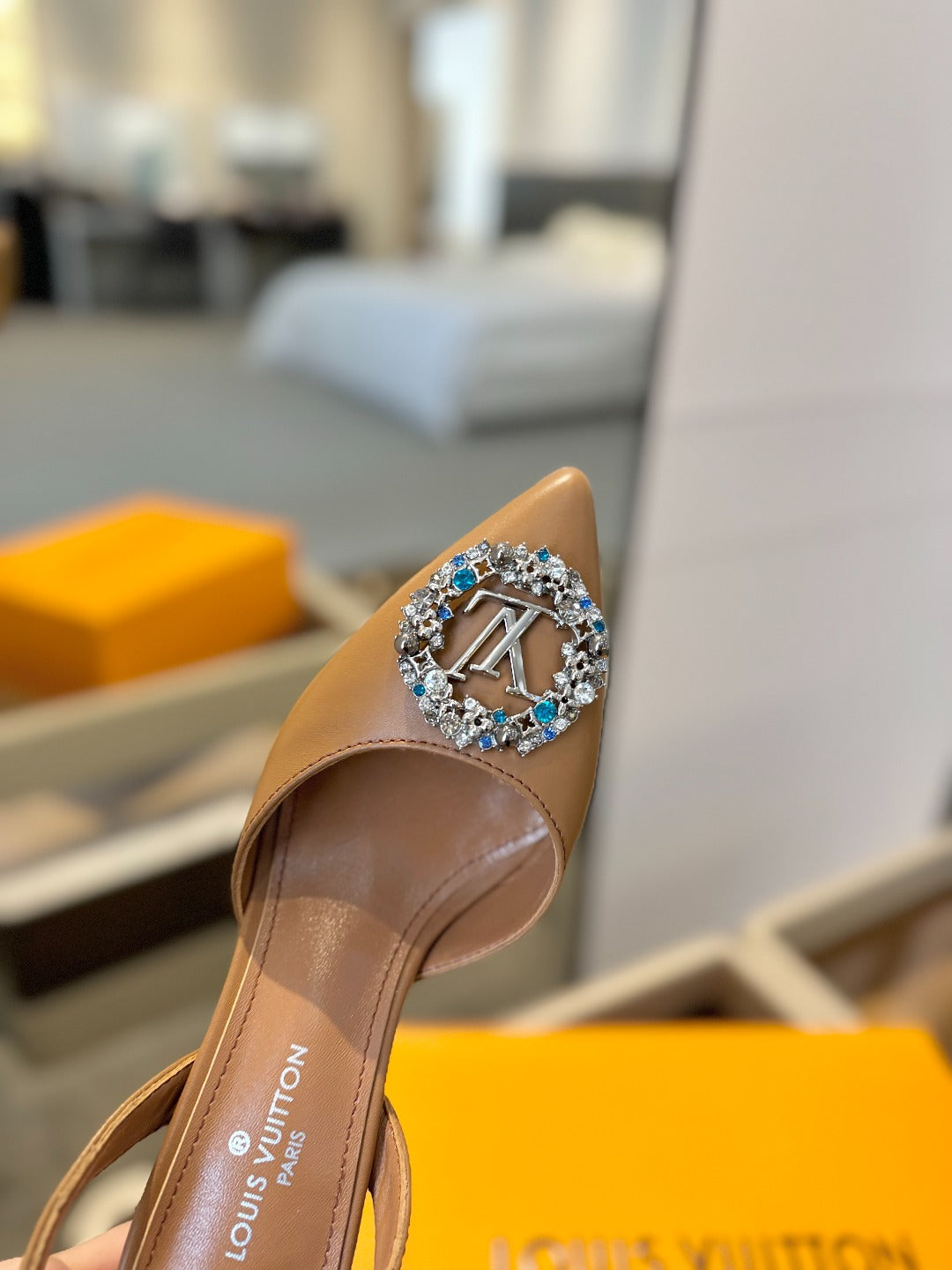 HIGH HEEL 75 MM SLINGBACK IN BRONZE BROWN CALFSKIN WITH CRYSTAL - 34