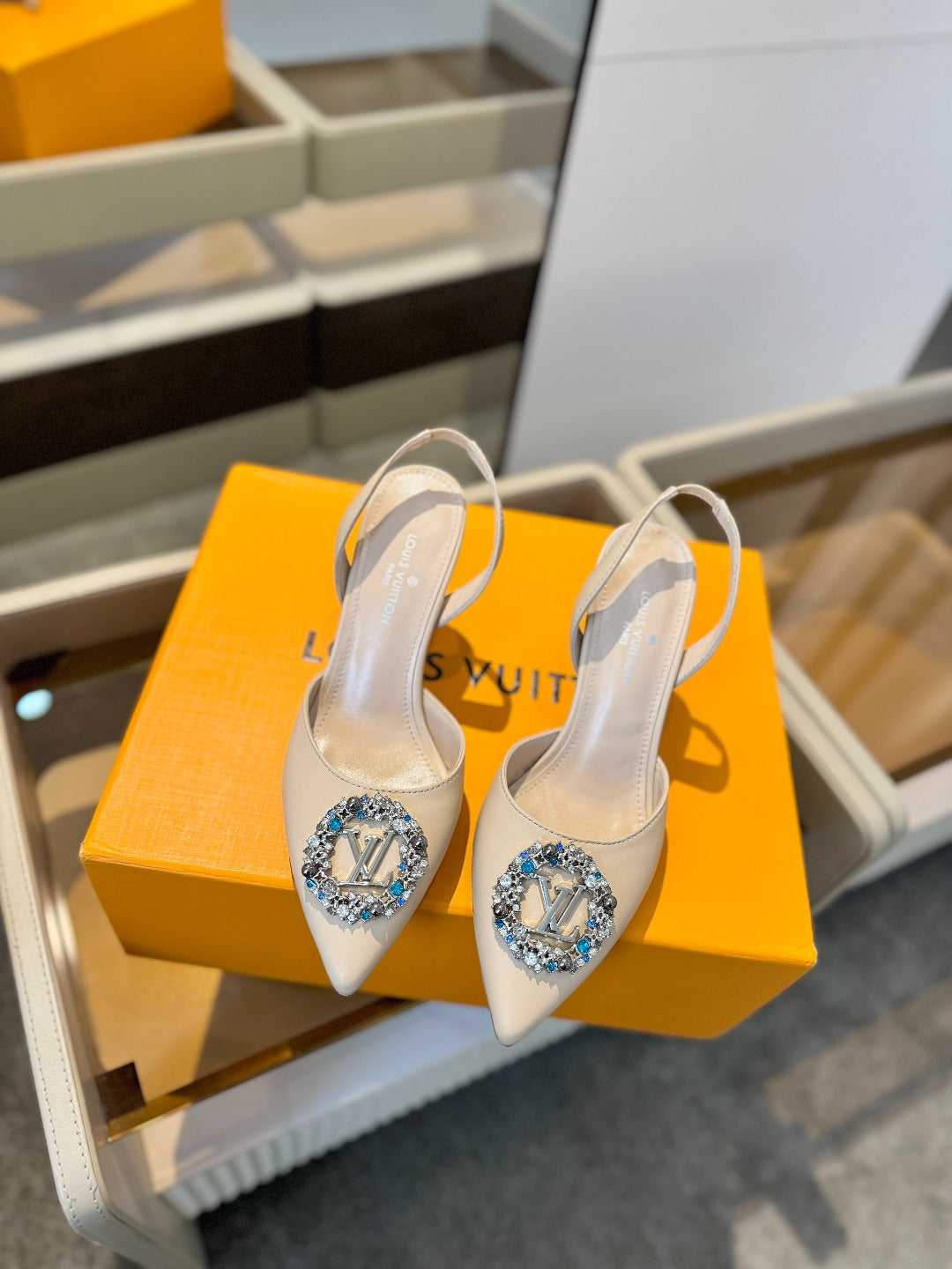 HIGH HEEL 75 MM SLINGBACK IN NUDE BEIGE CALFSKIN WITH CRYSTAL - 34