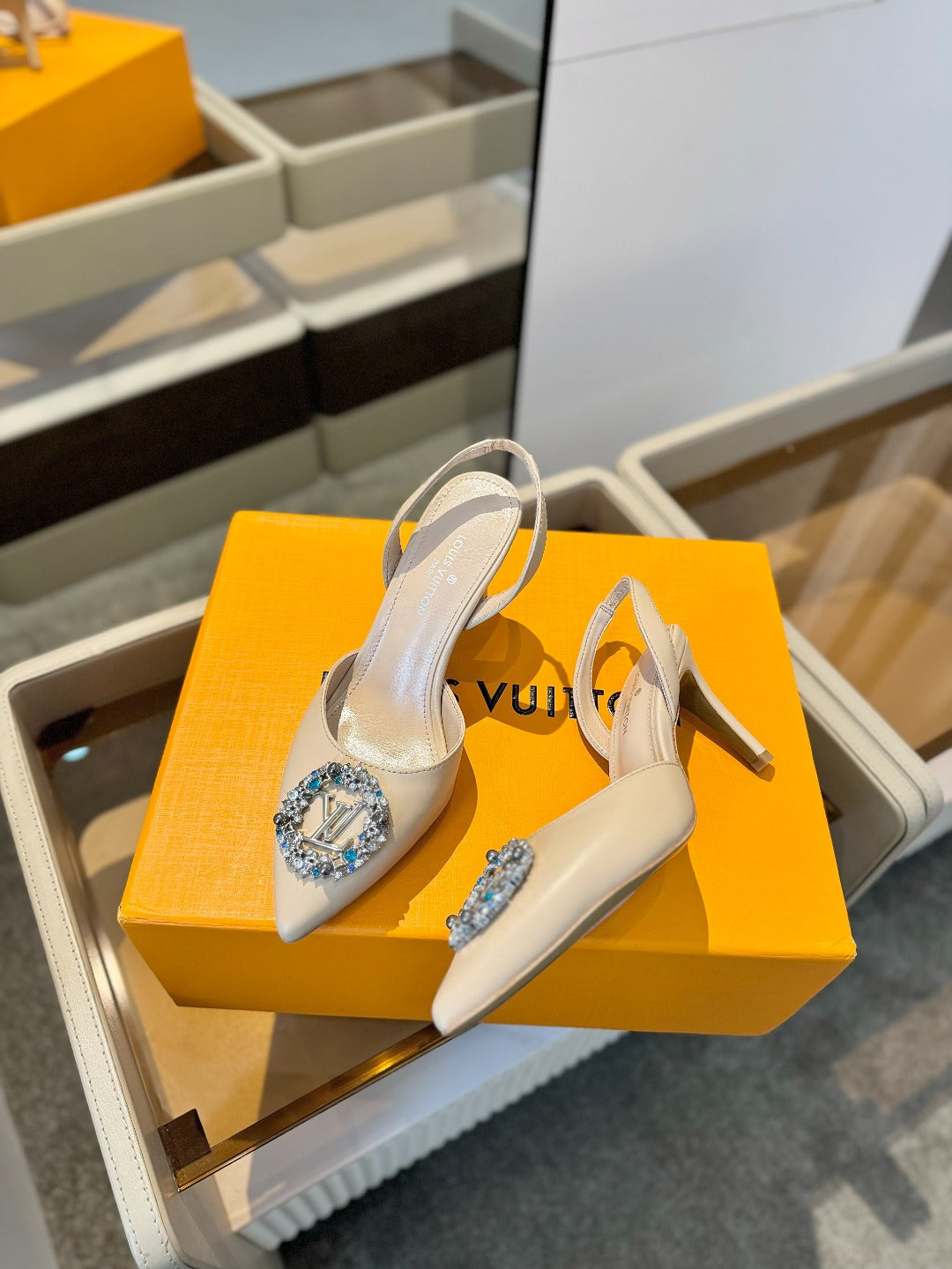 HIGH HEEL 75 MM SLINGBACK IN NUDE BEIGE CALFSKIN WITH CRYSTAL - 34