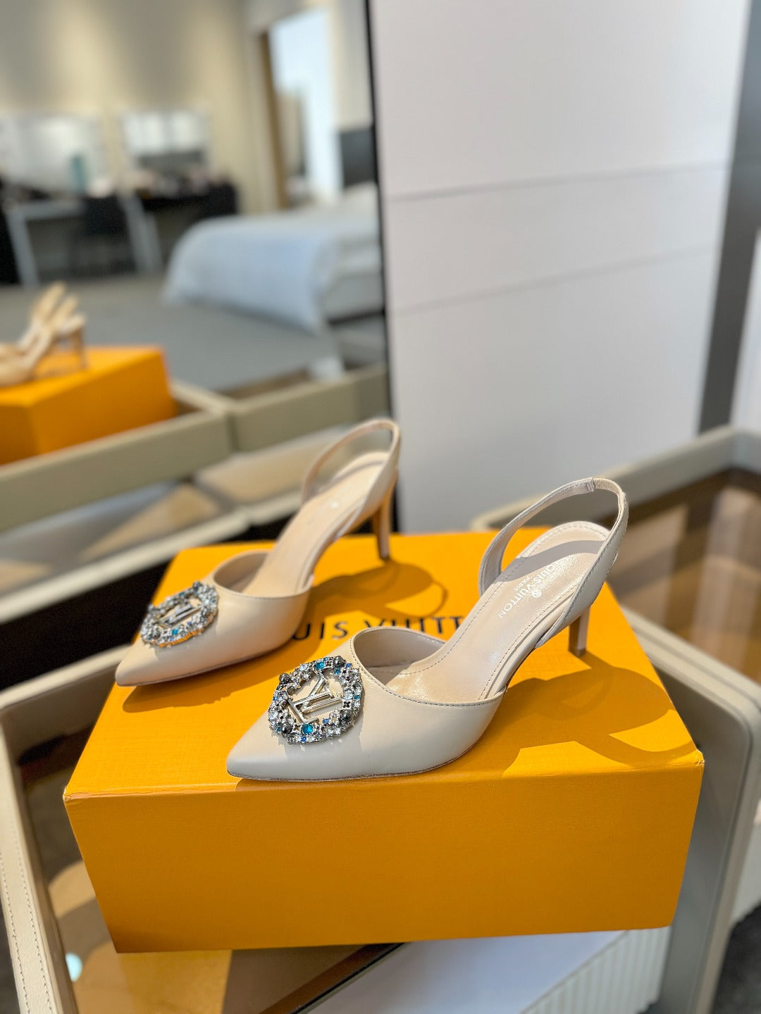 HIGH HEEL 75 MM SLINGBACK IN NUDE BEIGE CALFSKIN WITH CRYSTAL - 34